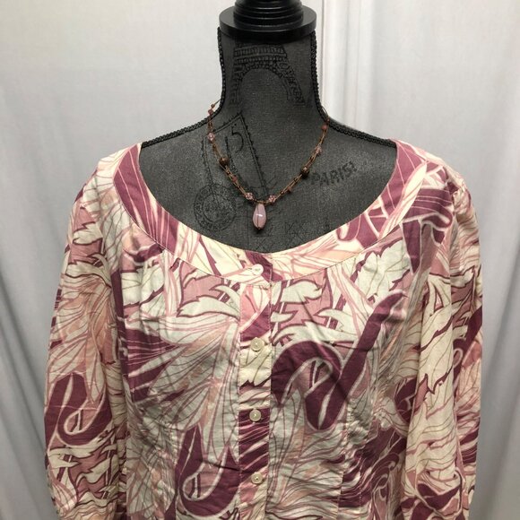 ANA Top Womens Size 1X Button Front Pink Cream Lightweight Cotton Balloon Sleeve - Picture 6 of 6